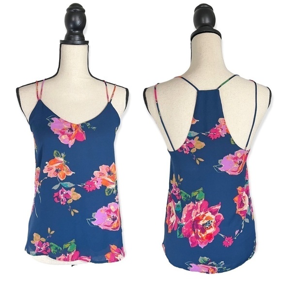 Everly Navy Floral Strappy Racer Back Top sz S - Picture 11 of 12